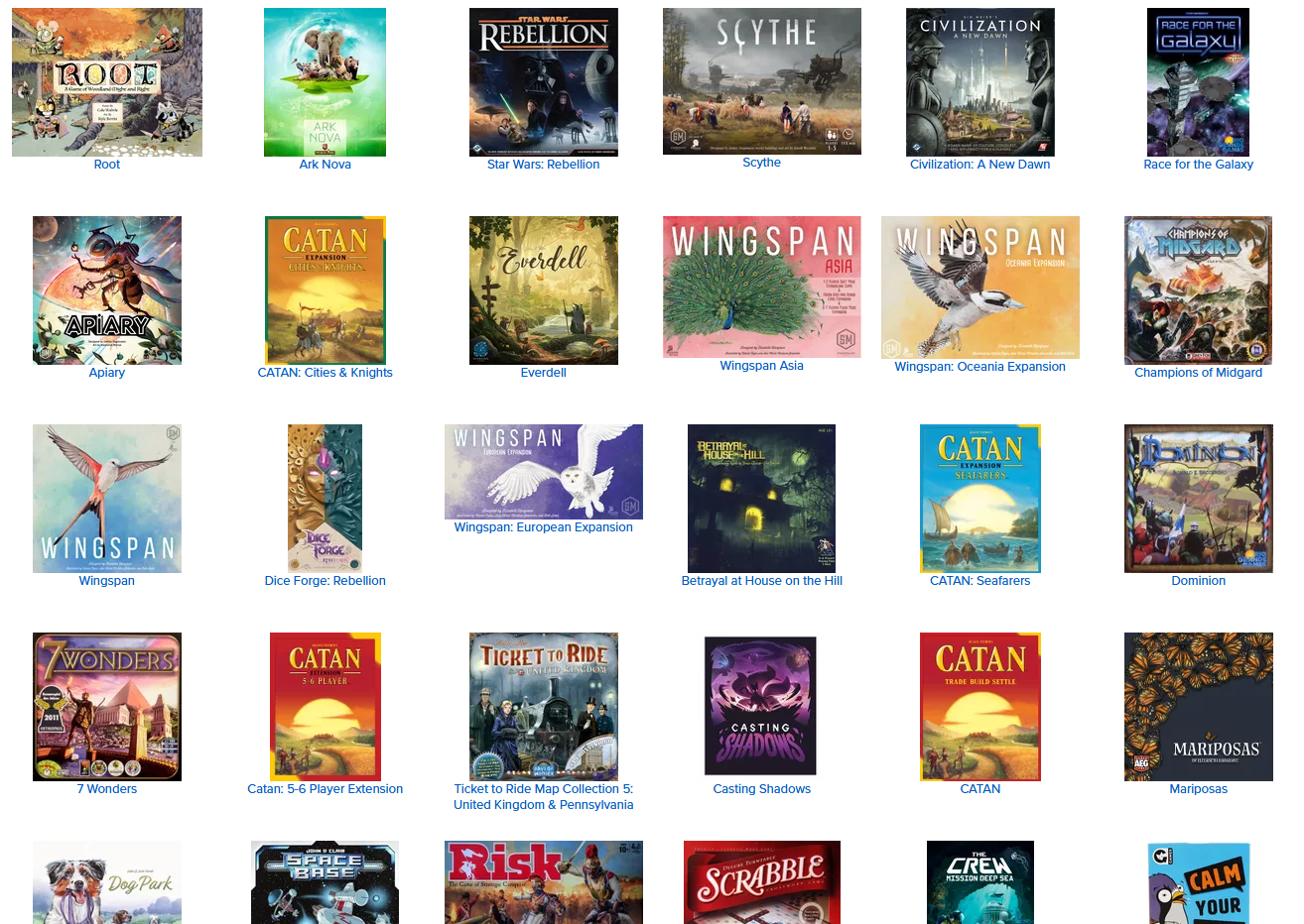 A screenshot of part of my collection on BGG