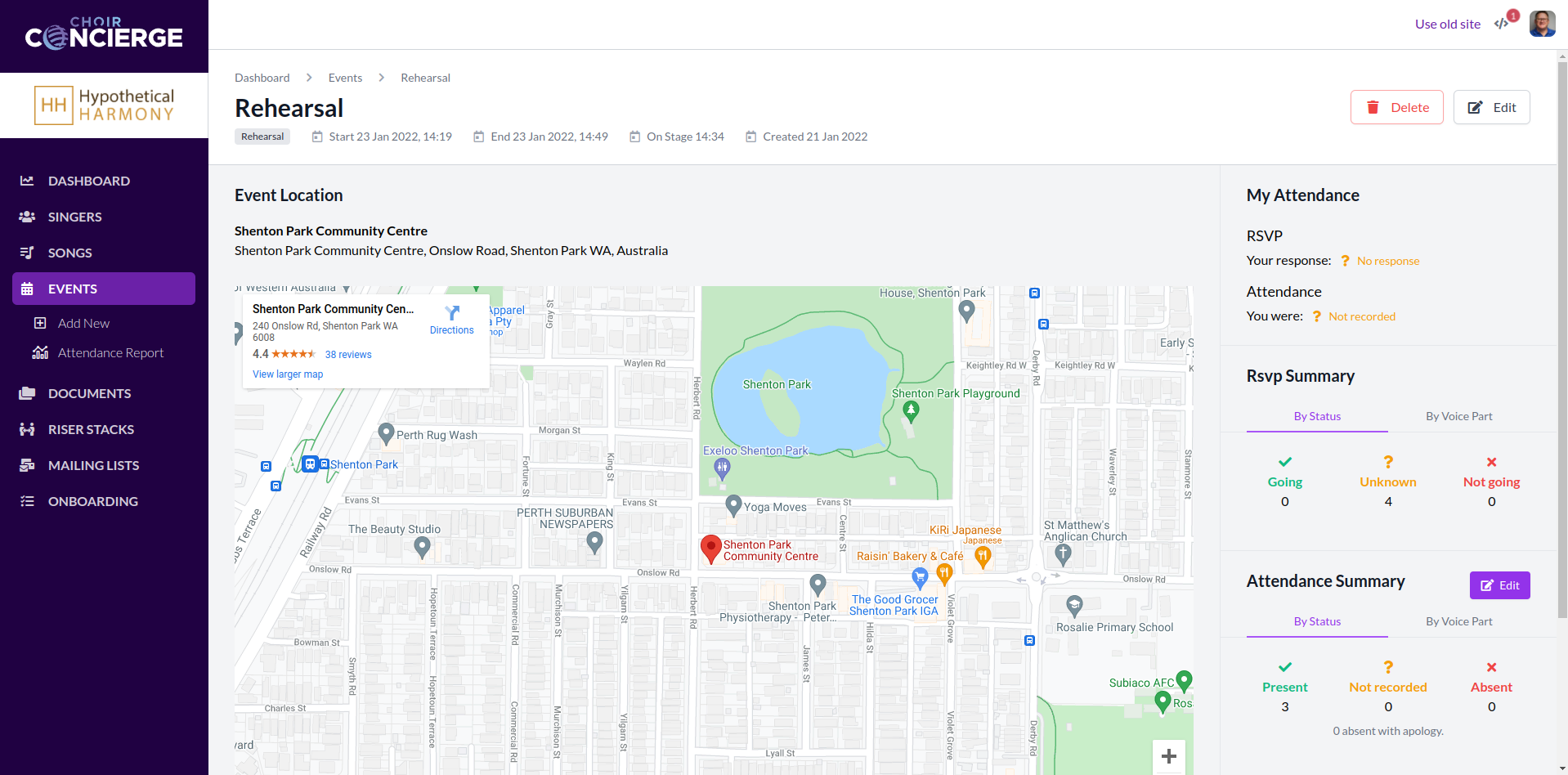 A screenshot of an example event on Choir Concierge