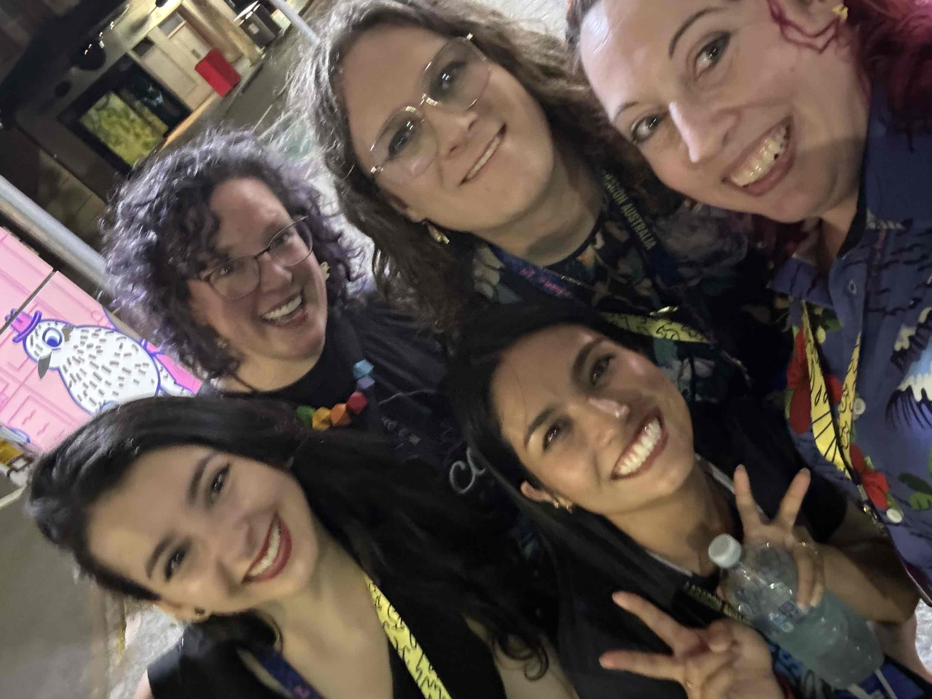 Jade, Hayley, Sabrina, Vickie and Jo after leaving the second, later phase of late-night karoake at Laracon AU 2024